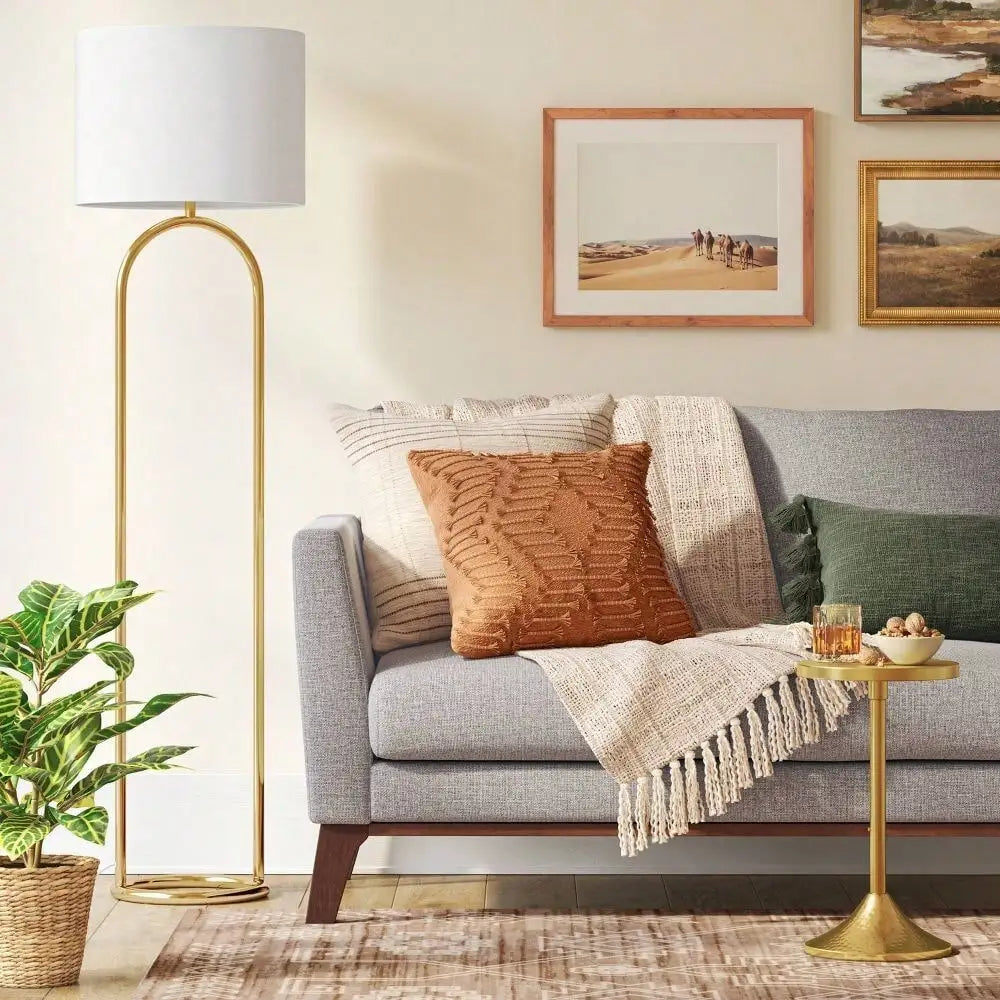Metal Brass-Plated Floor Lamp w/ Rotary Switch, 3-Way Lighting + White Drum Shade.
