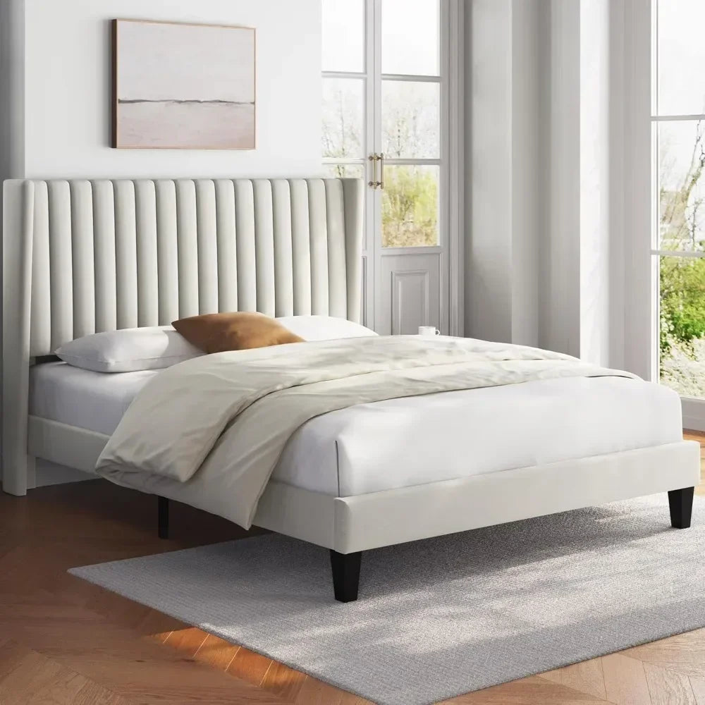Queen Linen Upholstered Platform Bed HB,FB, Frame w/ Wood Slat Supports.