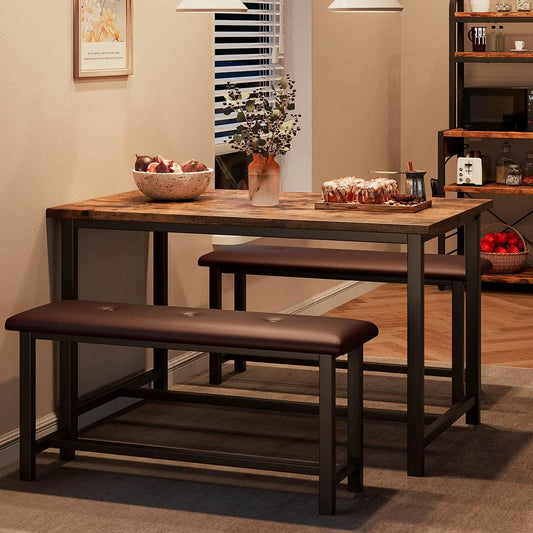 Small Space Modern Wood + Metal Table + 2-Benches w/ Faux Leather Seats.