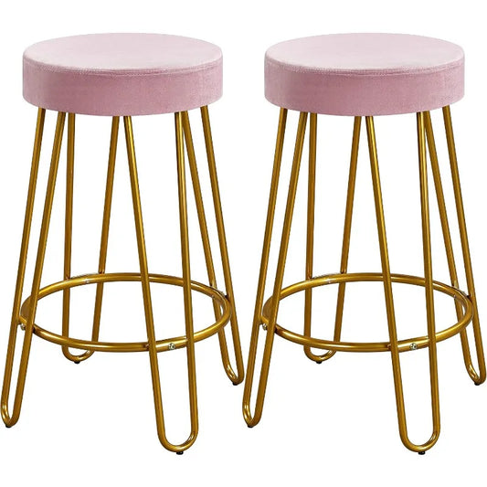 Round Counter-Height Bar Stools w/ Gold Metal Hairpin Legs + Soft Velvet Padded Seats.