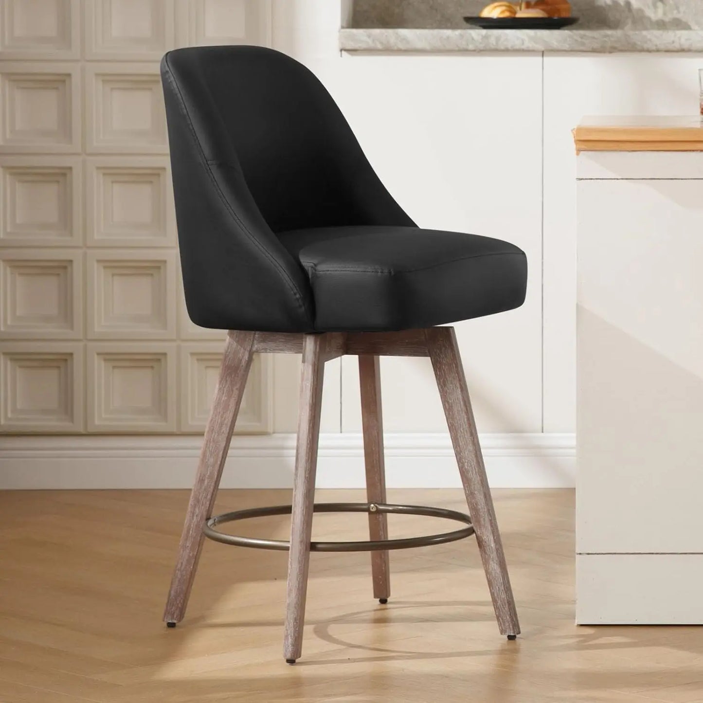 Ergonomic Swivel Bar Stool Chairs, Wood Base w/ Upholstered Linen or Faux Leather. Set of 2.