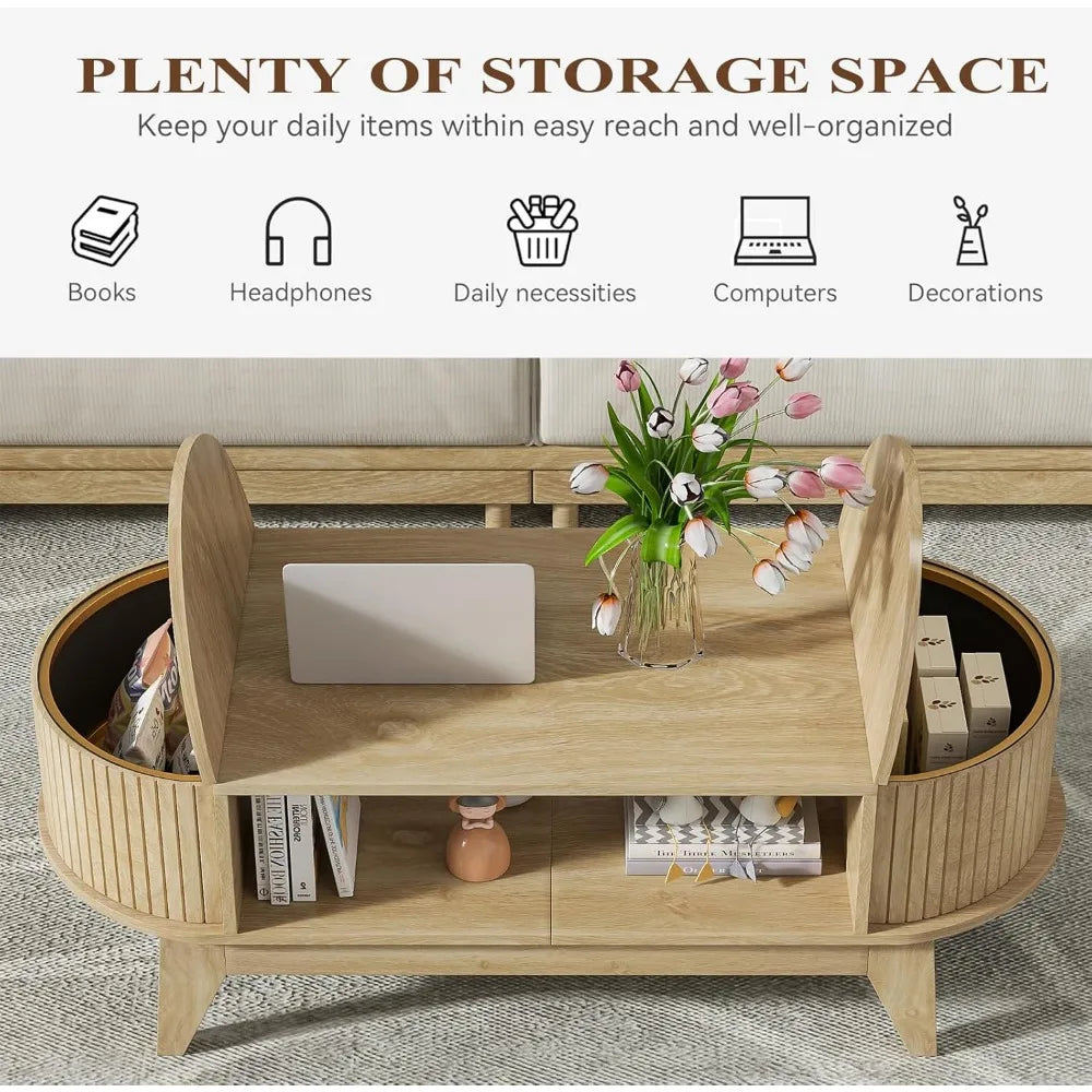 Mid-Century Modern Oval Coffee Table w/ Shelf + Hidden Storage.
