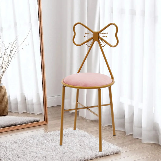 Gold Metal Framed Vanity Style Chair w/ Butterfly Bow Tie Backrest + Velvet Cushion.