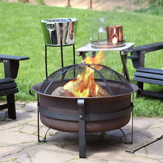 Rustic Wood Burning Bronze Cauldron Fire Pit w/ Mesh Spark Screen + Poker.
