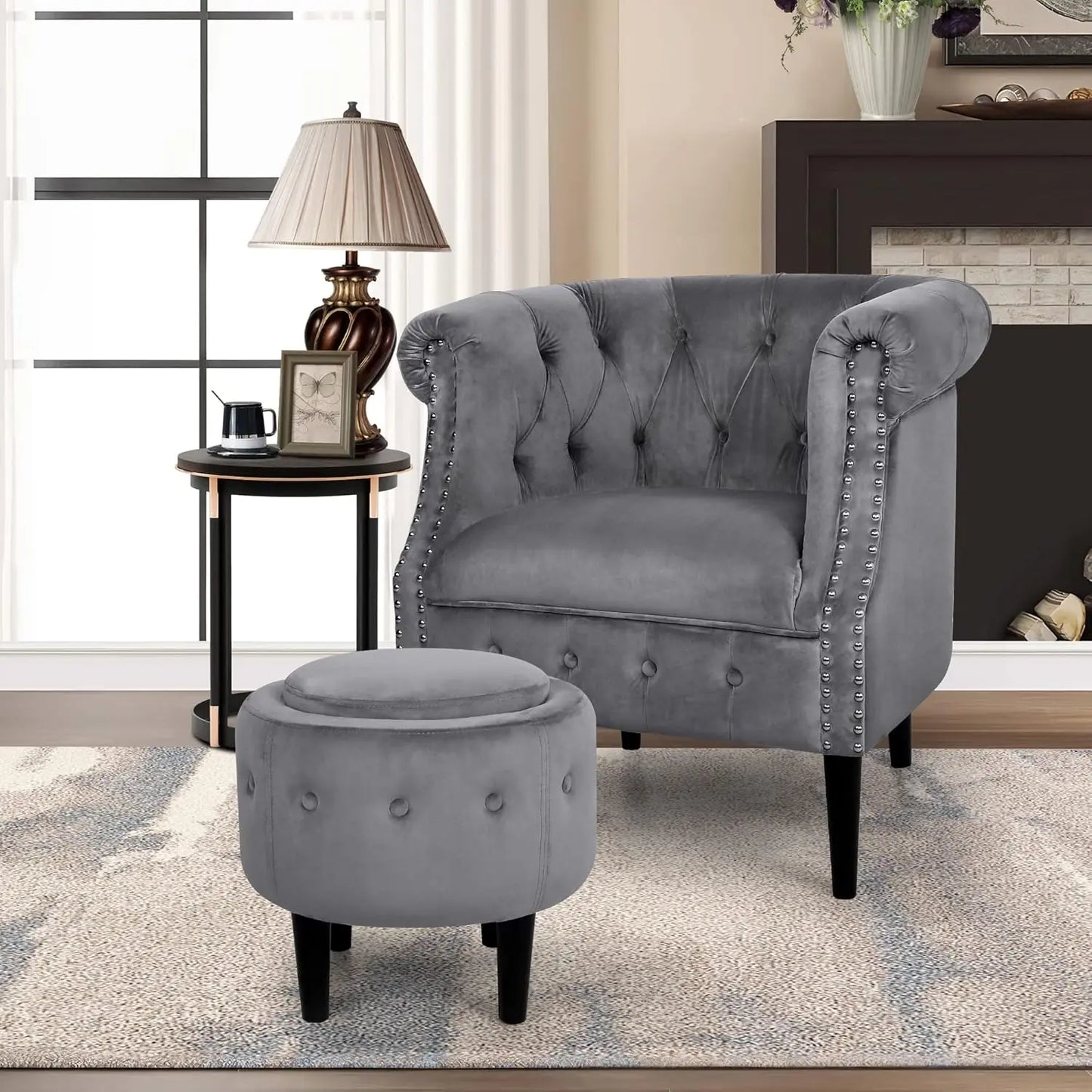 Chesterfield Design Velvet Button-Tufted Riveted Barrel Arm Chair + Storage Ottoman Set,