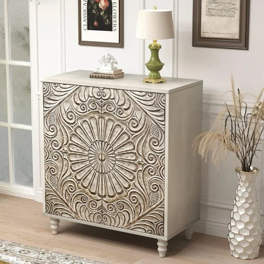 Accent Cabinet or Dining Sideboard Buffet w/ Shelf Storage + Decorative Doors.