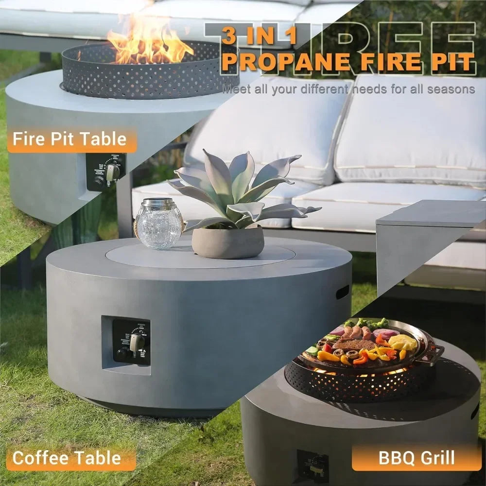 3-in-1 Round Propane Fire Pit Table w/ 65,000 BTU, Wind Guard + Side Tank Storage.