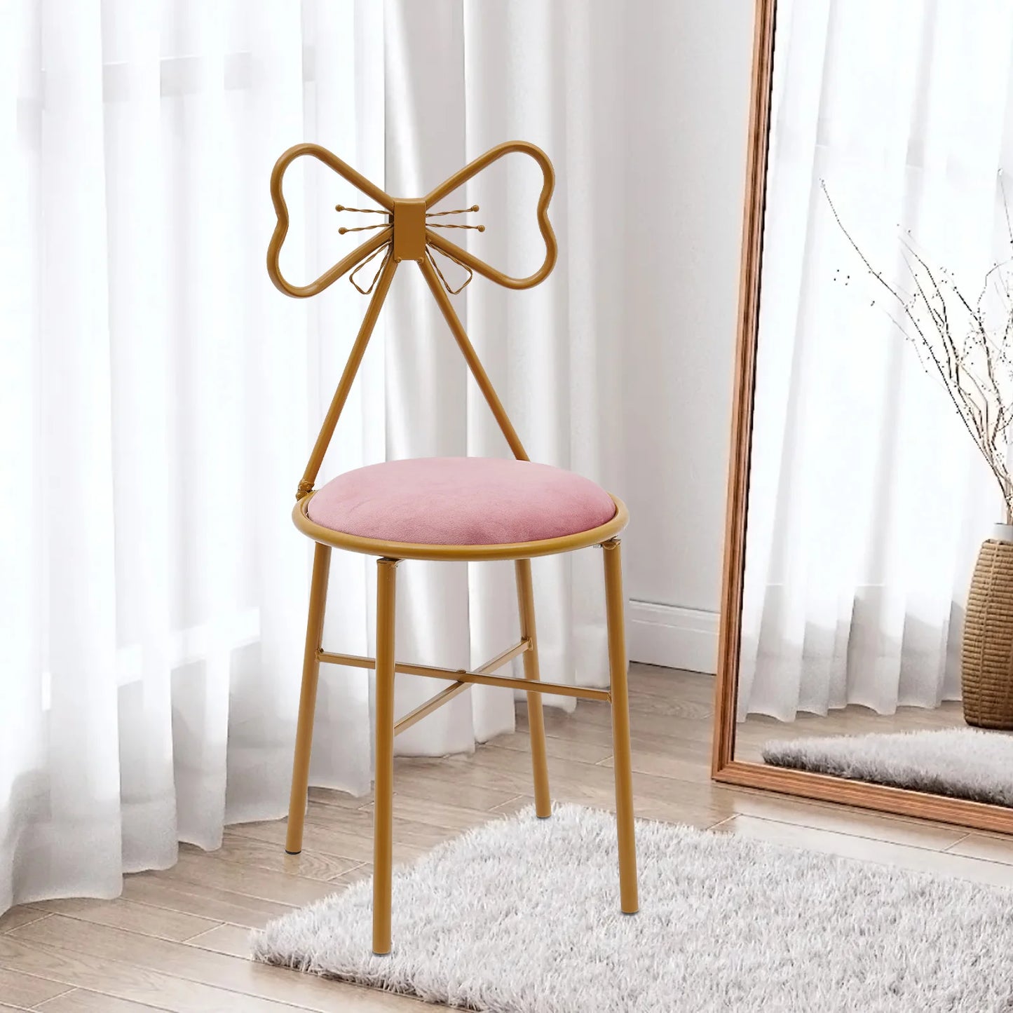 Gold Metal Framed Vanity Style Chair w/ Butterfly Bow Tie Backrest + Velvet Cushion.