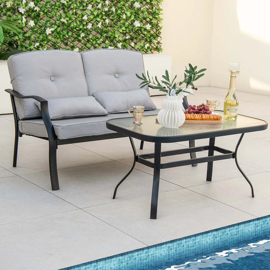 Heavy Duty Metal Bench + Table w/ Tempered Glass, Seat Cushions + Pillows.