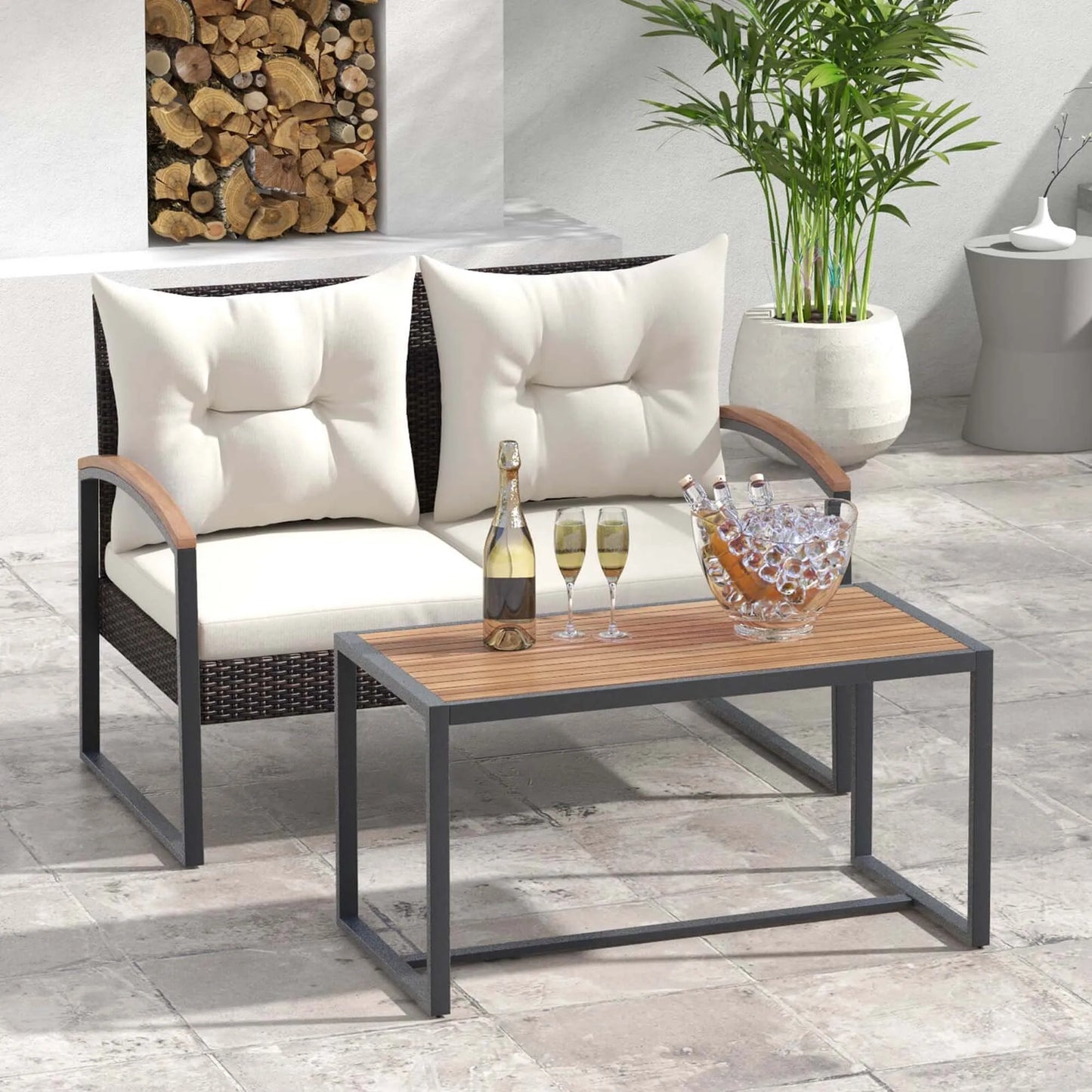 High Quality Acacia Wood + PE Wicker Bench, Table, Cushions Set