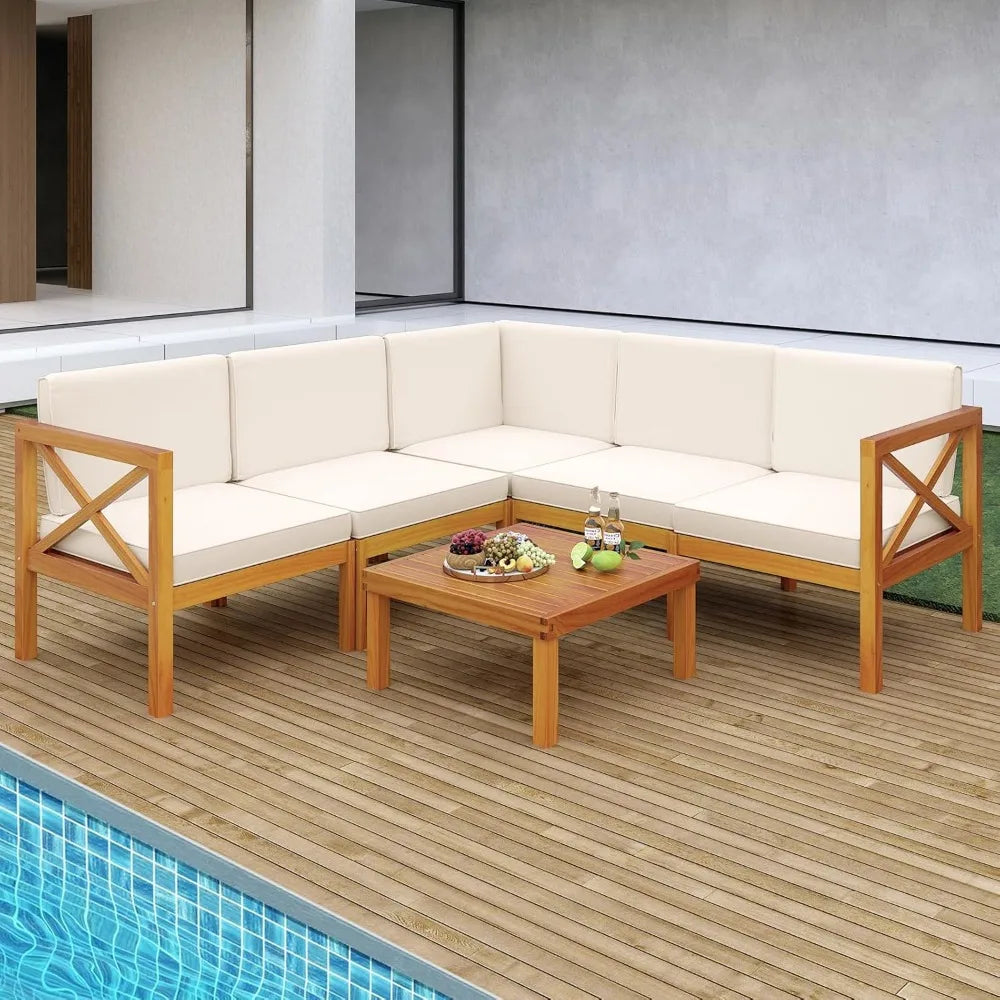 Modern L-Shaped Sofa Sectional Set w/ Cushions + Table. Solid Acacia Wood.