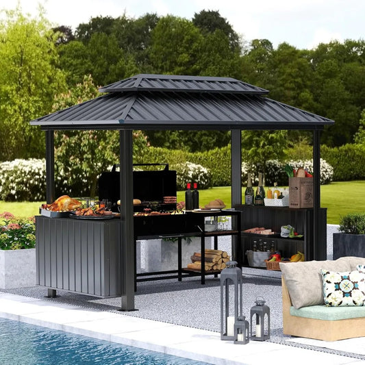 Galvanized Powder-Coated Steel Gazebo w/ 2-Tier Ventilated Roof + 2-Storage Cabinets
