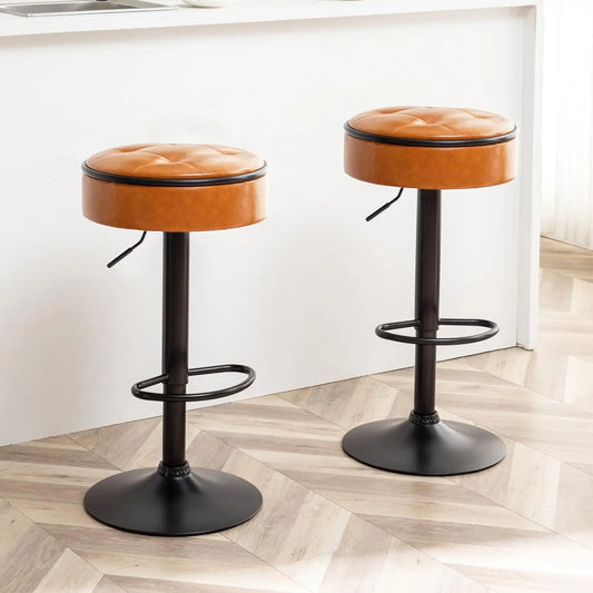 Round Faux Leather Adjustable Height Swivel Bar Stool w/ Hidden Storage + Footrest, Set Of 2.