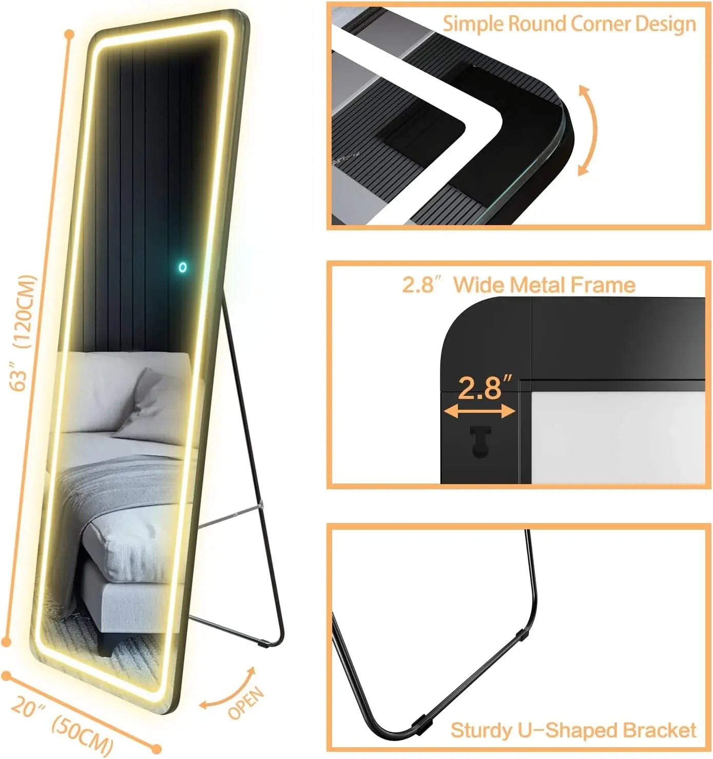 Modern Free Standing or Wall Mount Mirror w/ Dimming Light.