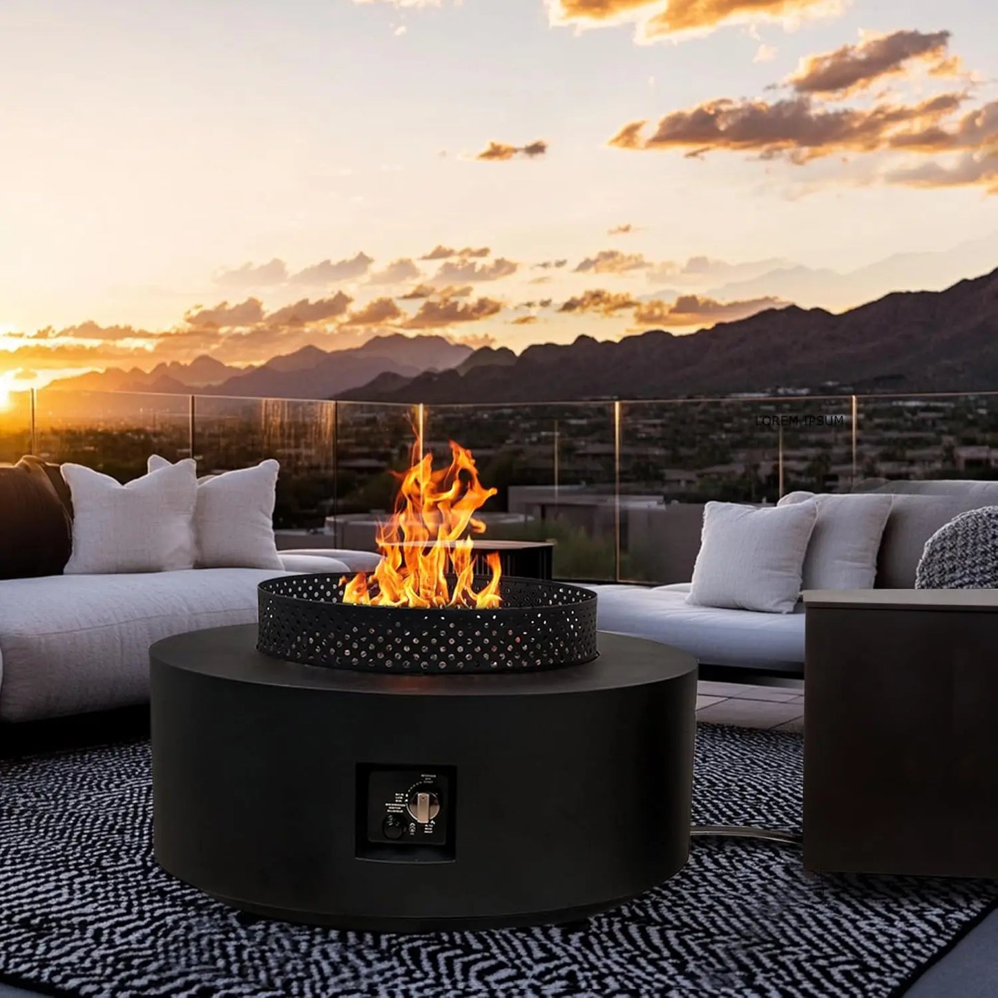 3-in-1 Round Propane Fire Pit Table w/ 65,000 BTU, Wind Guard + Side Tank Storage.