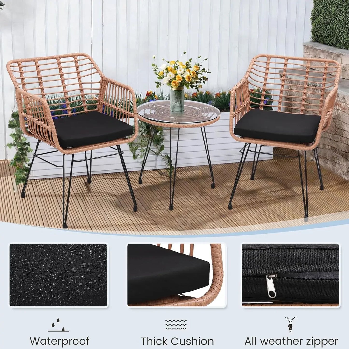 Thick Round Rattan Arm Chairs + Table Set w/ Sturdy Steel Frame + Tempered Glass Top.