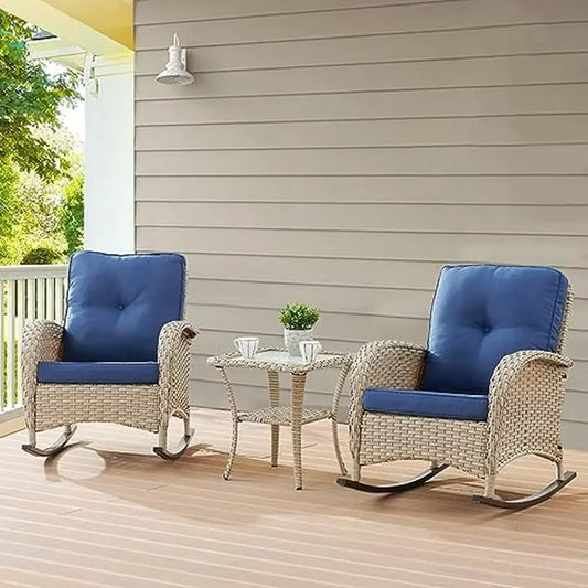 3pcs PE Wicker Rattan Iron Base Rocking Chairs w/ Cushion + Side Table Set.