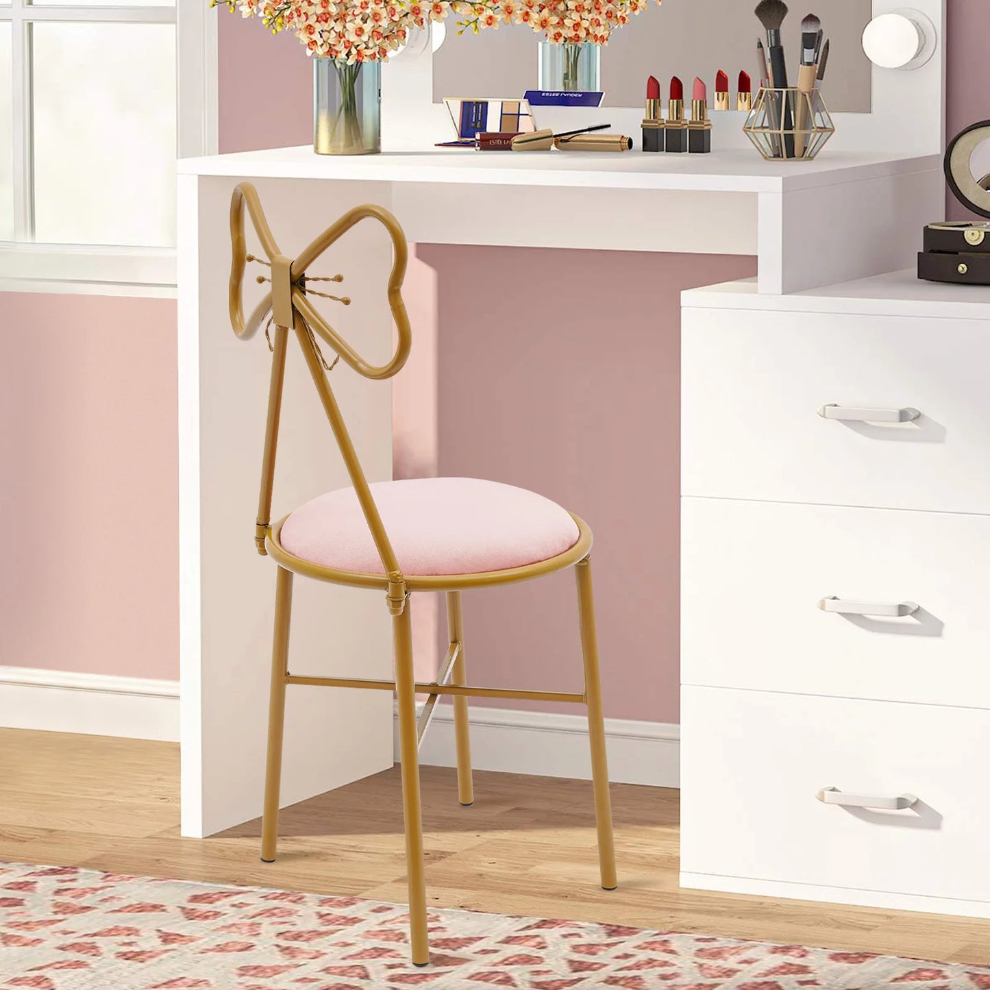 Gold Metal Framed Vanity Style Chair w/ Butterfly Bow Tie Backrest + Velvet Cushion.