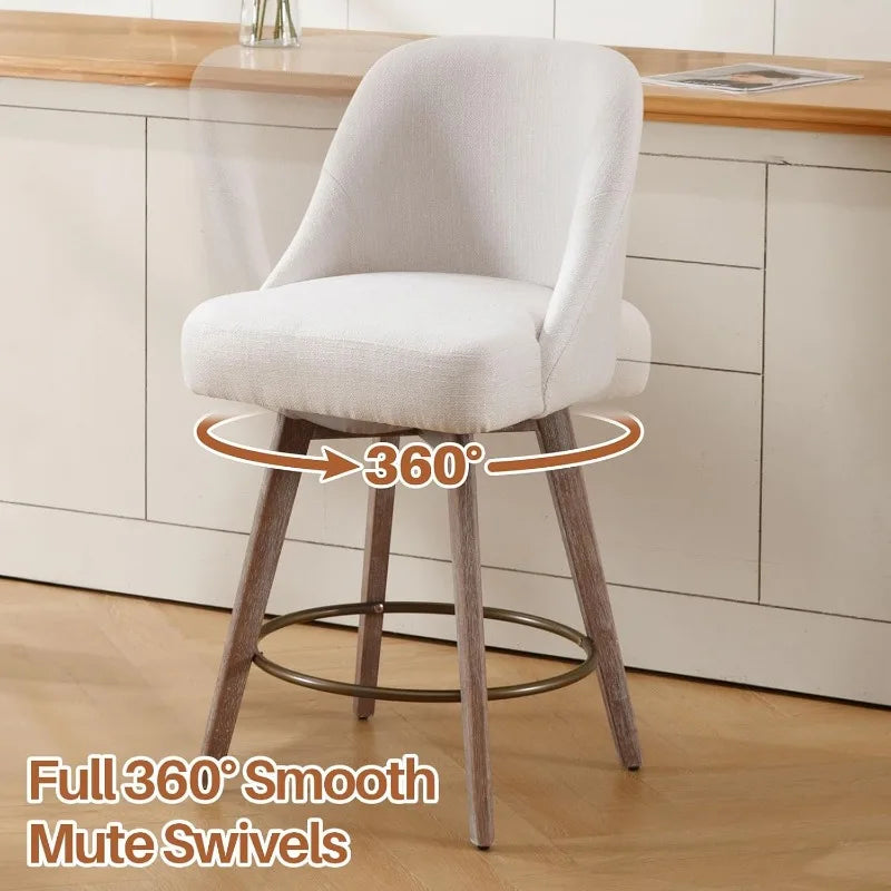 Ergonomic Swivel Bar Stool Chairs, Wood Base w/ Upholstered Linen or Faux Leather. Set of 2.