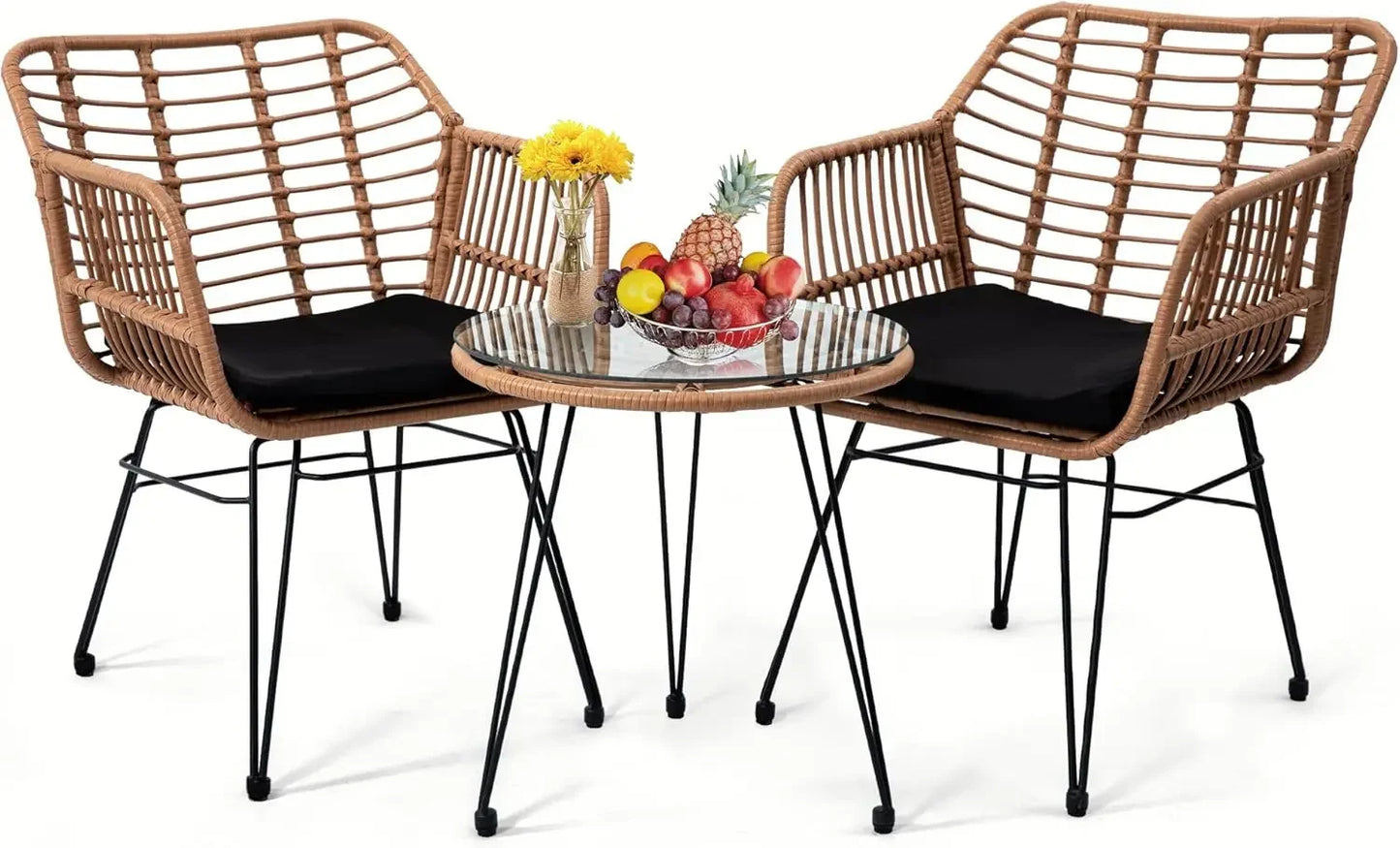 Thick Round Rattan Arm Chairs + Table Set w/ Sturdy Steel Frame + Tempered Glass Top.