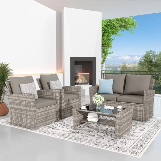 Sturdy PE Rattan Wide Arm Loveseat, 2-Chairs w/ Cushions + Tempered GlassTop Table Set.
