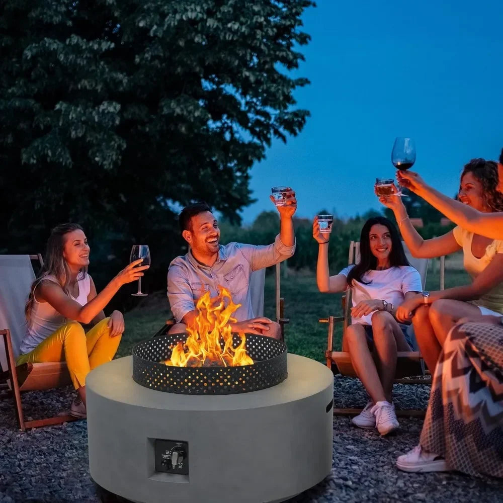 3-in-1 Round Propane Fire Pit Table w/ 65,000 BTU, Wind Guard + Side Tank Storage.