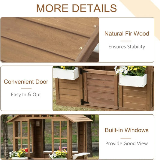 Fir Wood Garden Playhouse w/ Open Air Windows, Swing Door, Flower Boxes + Shelves.