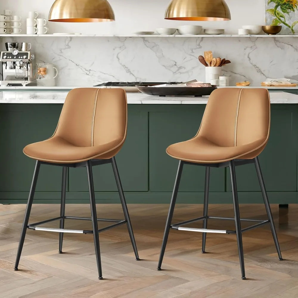 Metal Base PU Leather Ergonomic Backrest Bar Stool Chairs, Set of 2.