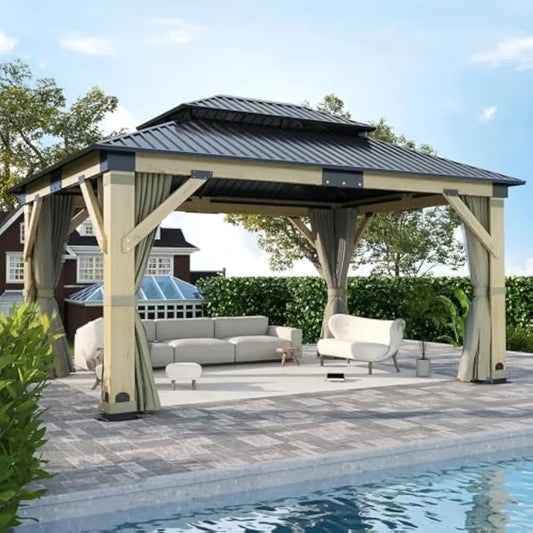 13x15'ft Sturdy Cedar Wood Gazebo w/ Galvanized Steel Ventilation Roof, Nettings + Curtains.