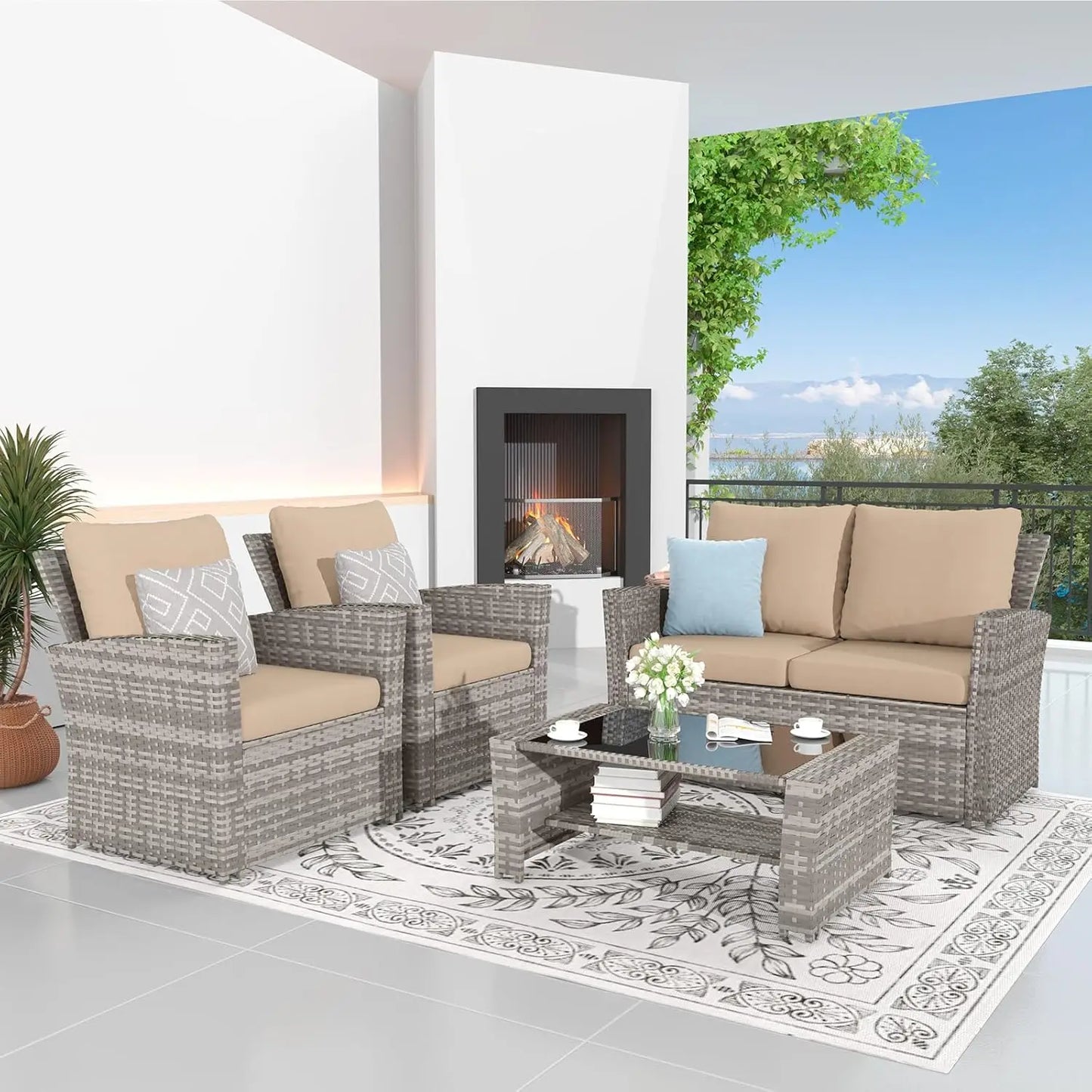 Sturdy PE Rattan Wide Arm Loveseat, 2-Chairs w/ Cushions + Tempered GlassTop Table Set.