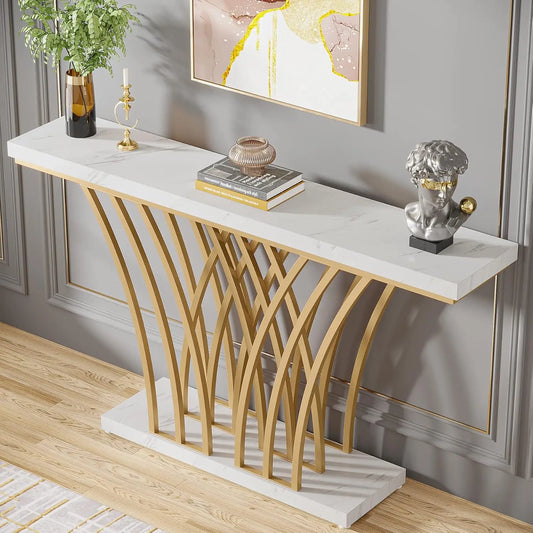 Modern style Faux Marble Console or Sofa Table w/ Gold Grid Metal 
Base,