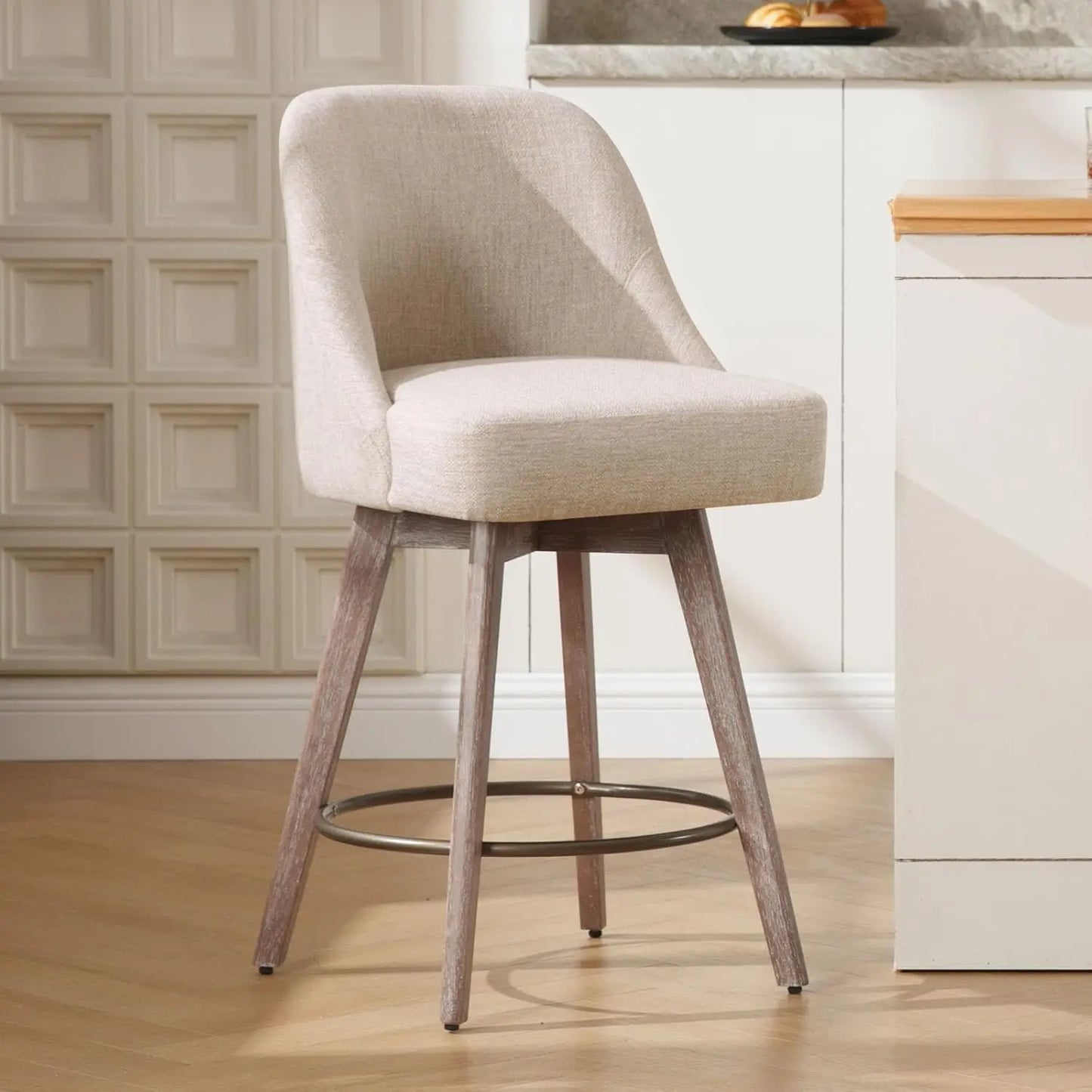Ergonomic Swivel Bar Stool Chairs, Wood Base w/ Upholstered Linen or Faux Leather. Set of 2.