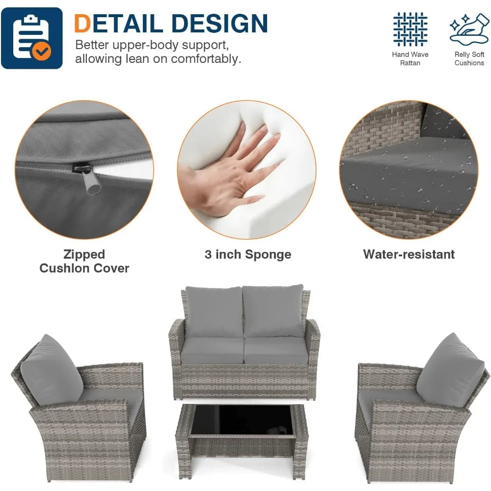 Sturdy PE Rattan Wide Arm Loveseat, 2-Chairs w/ Cushions + Tempered GlassTop Table Set.