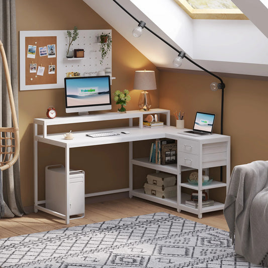 Office, Computer Workstation or Gaming Desk, Reversible L-Shape w/ Drawers, Shelves + Monitor Stand.