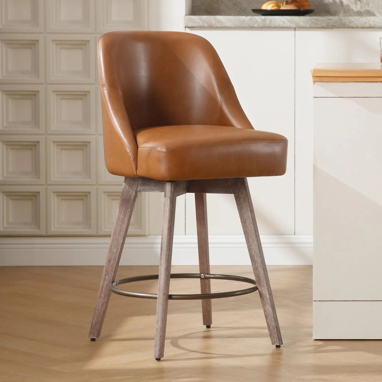 Ergonomic Swivel Bar Stool Chairs, Wood Base w/ Upholstered Linen or Faux Leather. Set of 2.