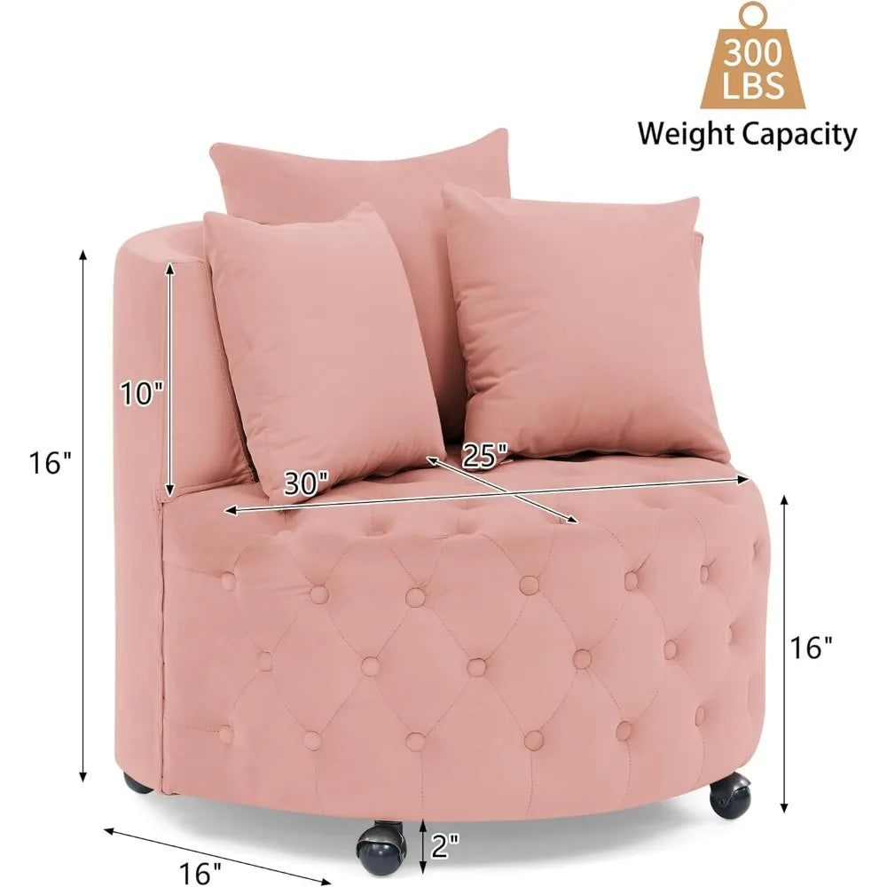 Modern Button-Tufted Round Swivel Club Lounge Chair on Wheels w/ 3-Pillows.