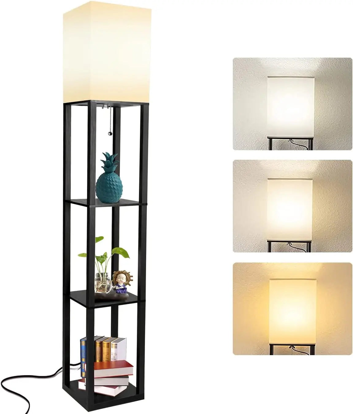 Vintage Modern Shelf Lamp w/ Fabric Shade, 3-CCT LED Bulbs + Pull Switch Chain.