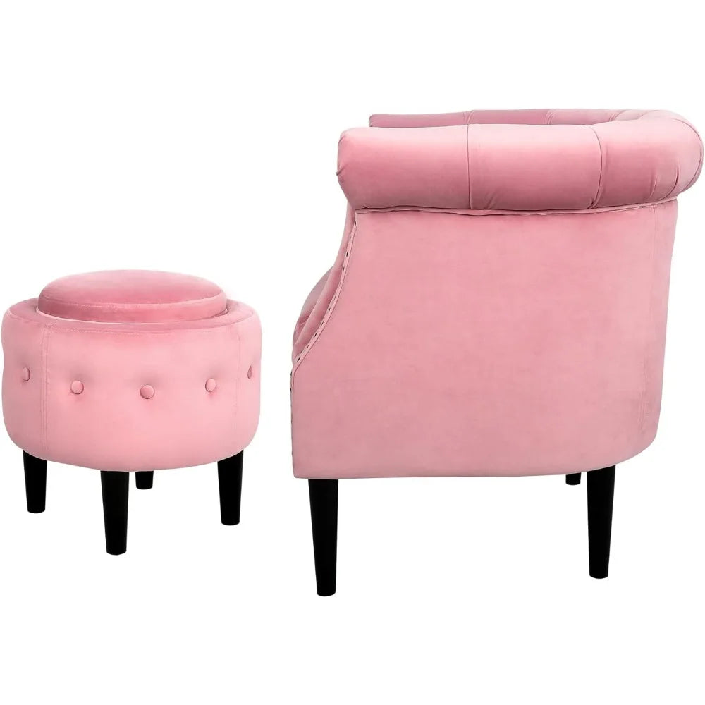 Chesterfield Design Velvet Button-Tufted Riveted Barrel Arm Chair + Storage Ottoman Set,