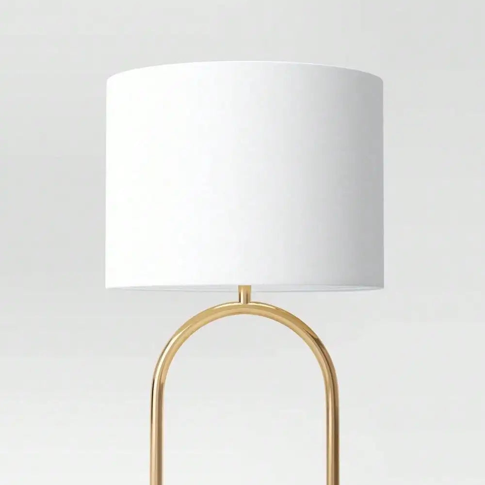 Metal Brass-Plated Floor Lamp w/ Rotary Switch, 3-Way Lighting + White Drum Shade.