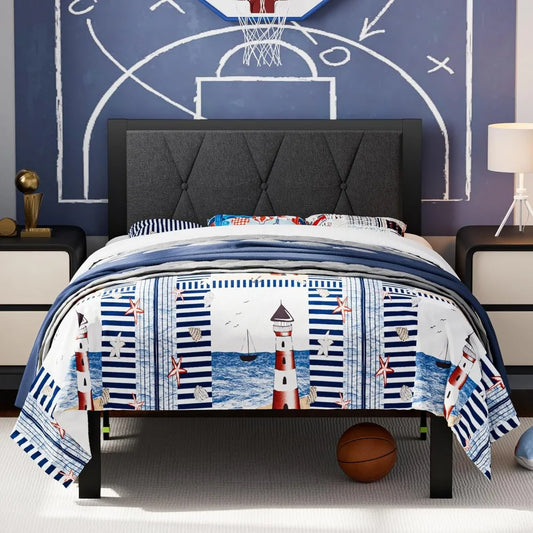 Twin Heavy Steel Platform Bed. Frame w/ Slat Supports + Linen Upholstered HB.