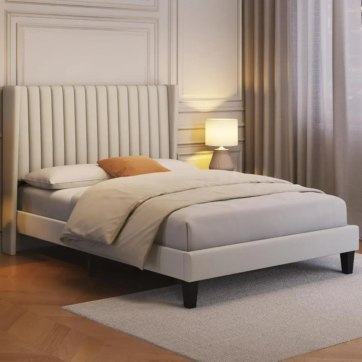 Queen Linen Upholstered Platform Bed HB,FB, Frame w/ Wood Slat Supports.