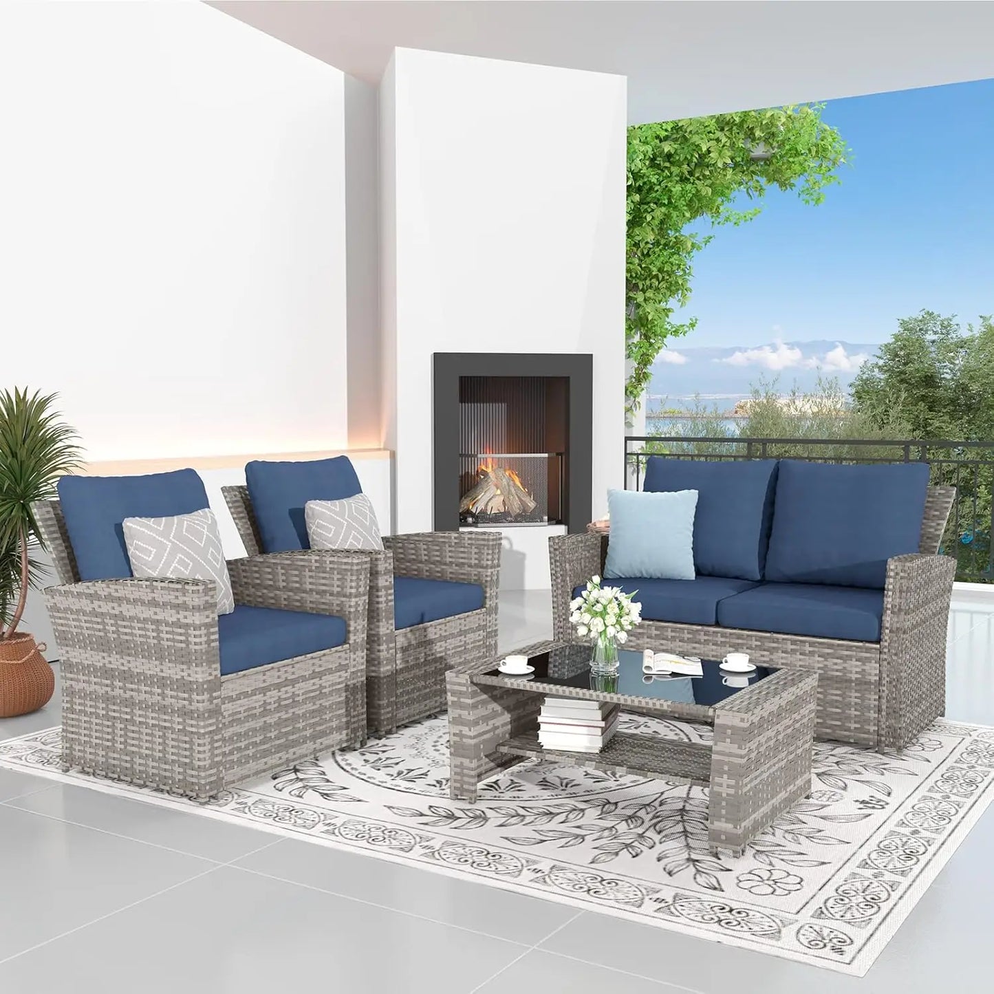 Sturdy PE Rattan Wide Arm Loveseat, 2-Chairs w/ Cushions + Tempered GlassTop Table Set.