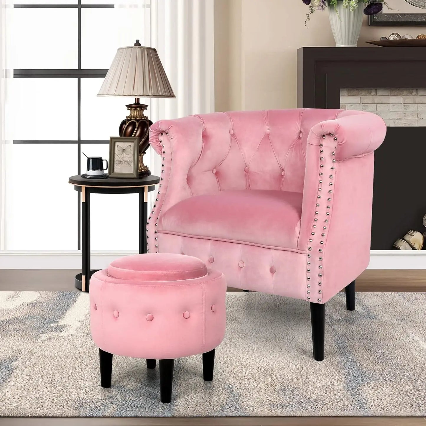 Chesterfield Design Velvet Button-Tufted Riveted Barrel Arm Chair + Storage Ottoman Set,