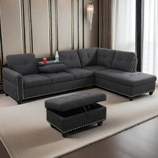 Modern L-Shaped Sectional Sofa w/ Right Chaise, Storage Ottoman + Cup Holders.