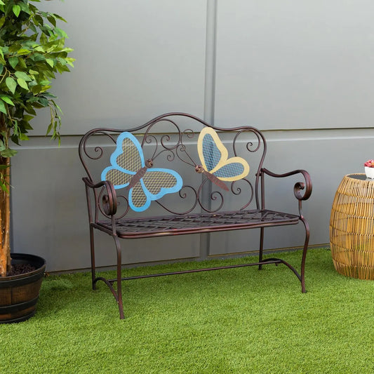 Durable Weather Resistant Iron Bench w/ Garden Butterfly Design.