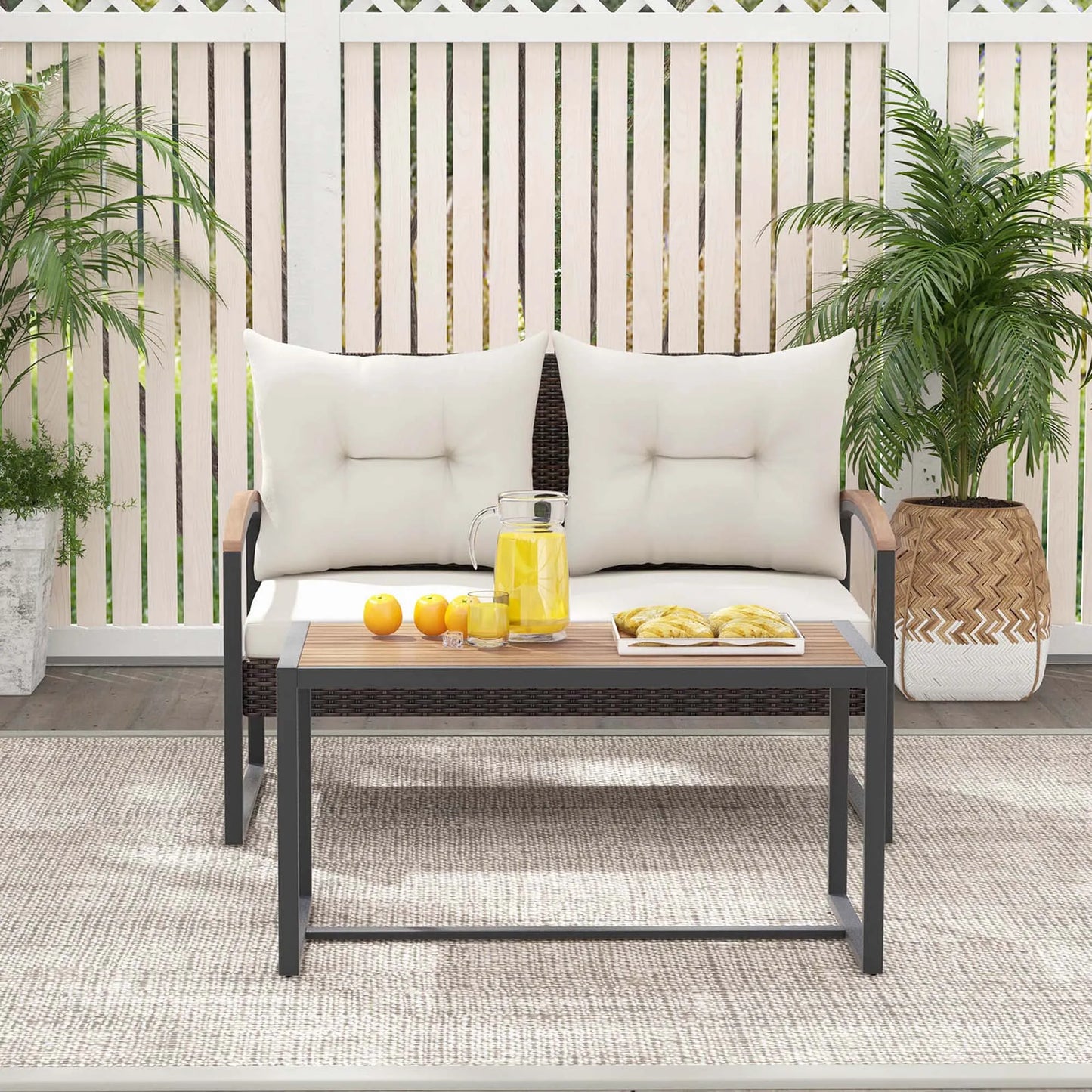 High Quality Acacia Wood + PE Wicker Bench, Table, Cushions Set