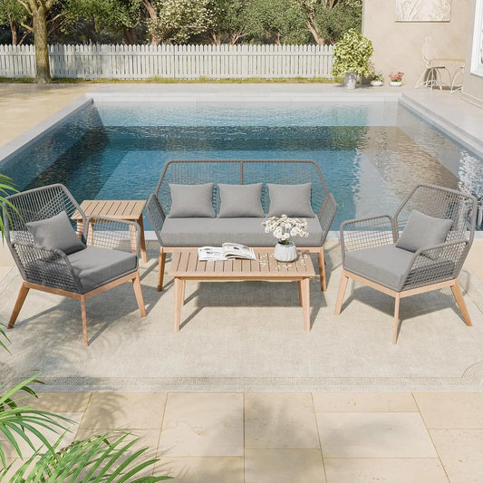 Comfort Tilt Designed Woven Rope + Natural Oak Loveseat, 2-Chairs, 2-Tables Set w/ Cushions.