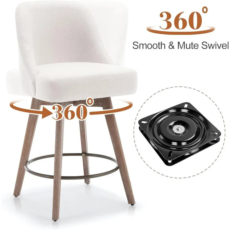 Ergonomic Swivel Bar Stool Chairs, Wood Base w/ Upholstered Linen or Faux Leather. Set of 2.