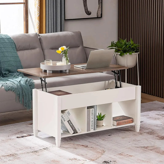 Compact Coffee Table w/ Hydraulic Lift Tabletop, Hidden + Open Storage.