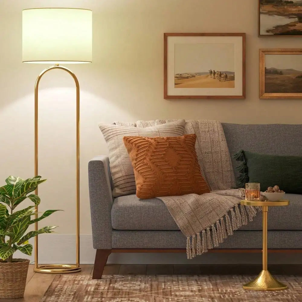 Metal Brass-Plated Floor Lamp w/ Rotary Switch, 3-Way Lighting + White Drum Shade.